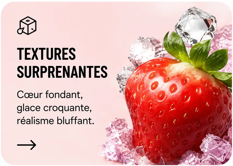 Textures surprenantes — Cœur fondant, glace croquante, réalisme bluffant.